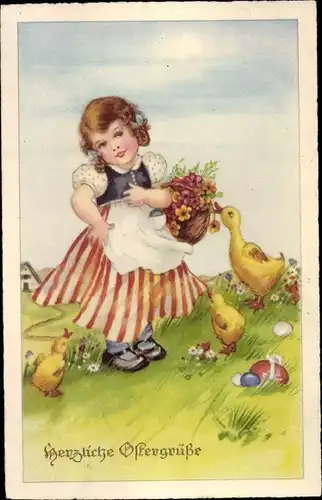Ak Glückwunsch Ostern, Mädchen in Tracht, Küken, Blumen