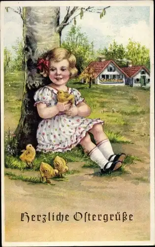Ak Glückwunsch Ostern, Mädchen am Baum, Küken