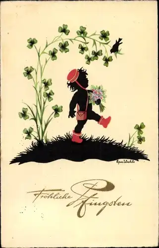 Scherenschnitt Künstler Ak Glückwunsch Pfingsten, Kind mit Blumen, Glücksklee