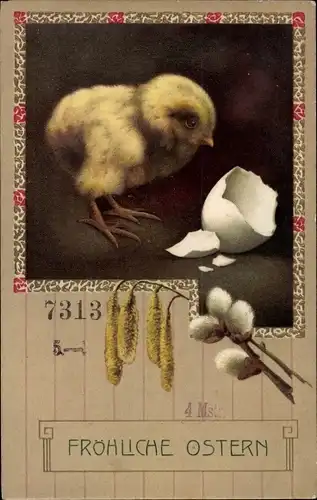 Ak Glückwunsch Ostern, Osterküken und Weidenkätzchen