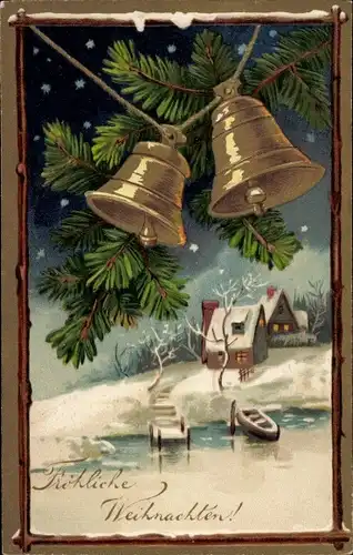Präge Ak Glückwunsch Weihnachten, Ortsansicht, Boot am Ufer, Glocken, Tannenzweige
