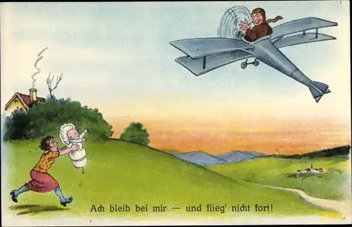 Ak Ach bleib bei mir und flieg nicht fort, Mann flieht im Flugzeug vor Frau und Baby