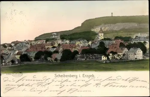 Ak Scheibenberg im Erzgebirge Sachsen, Blick auf Stadt und Kirche, Aussichtsturm