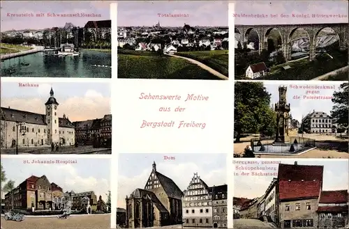 Ak Freiberg in Sachsen, Dom, Rathaus, Berggasse, St. Johannis Hospital, Schwedendenkmal, Hüttenwerke
