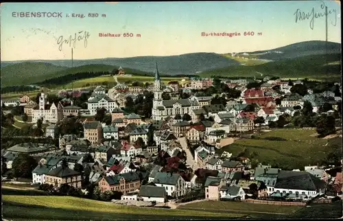 Ak Eibenstock im Erzgebirge Sachsen, Panorama vom Ort, Kirche, Bielhaus, Burkhardtsgrün