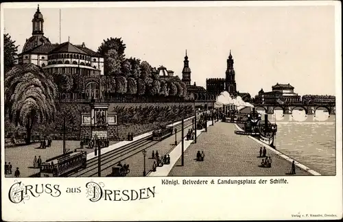 Litho Dresden Altstadt, Königl. Belvedere und Landungsplatz der Schiffe