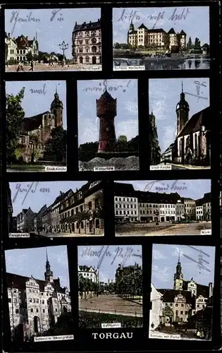Ak Torgau an der Elbe, Wasserturm, Schloss Hartenfels, Fleischmarkt, Stadtkirche