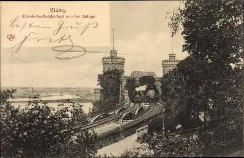 Ak Mainz am Rhein, Eisenbahn-Brückenkopf von der Anlage, Eisenbahnbrücke