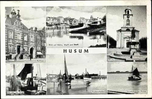 Ak Husum in Nordfriesland, Kirche, Hafen, Werft, Rathaus, Fischerboot