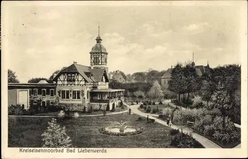 Ak Bad Liebenwerda in Brandenburg, Kreiseisenmoorbad, Fachwerkhaus, Springbrunnen