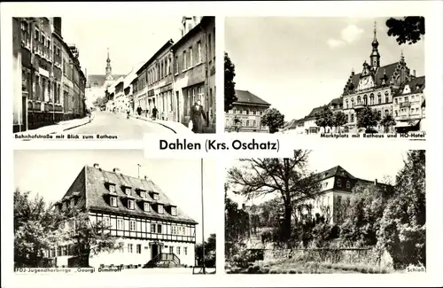 Ak Dahlen in Sachsen, Bahnhofstraße, Rathaus, Marktplatz, FDJ Jugendherberge Georgi Dimitroff