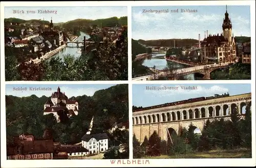 Ak Waldheim in Sachsen, Blick vom Eichberg, Rathaus, Heiligenborner Viadukt, Schloss Kriebstein