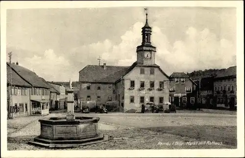 Ak Remda Rudolstadt in Thüringen, Markt mit Rathaus u. Brunnen, Fleischerei Otto Schlager