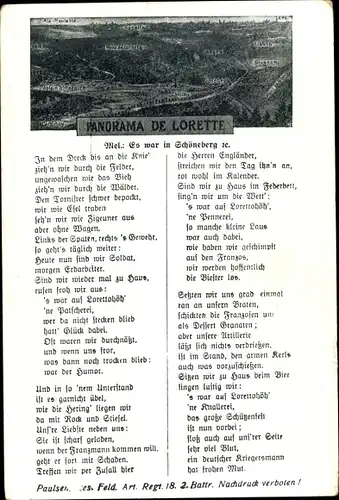 Lied Ak Panorama de Lorette, Es war in Schöneberg, Feld. Art. Regt. 18, 2. Battr.