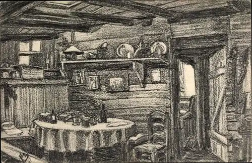 Künstler Ak Viertel, W., Inneres eines Unterstandes, I WK