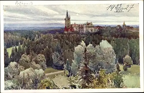 Künstler Ak Setelik, J., Průhonice Pruhonitz Region Mittelböhmen, Panorama mit Schloss