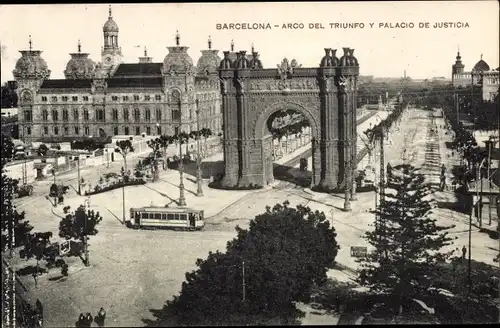Ak Barcelona Katalonien Spanien, Arco de Triunfo y Palacio de Justicia, Straßenbahn, Torbogen