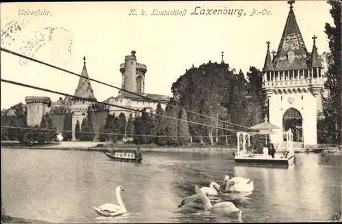Ak Laxenburg in Niederösterreich, K.k. Lustschloss, Schwäne, Seilfähre