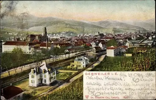 Ak Guebwiller Gebweiler Elsass Haut Rhin, Panorama vom Ort, Bahnhof, Bahnstrecke