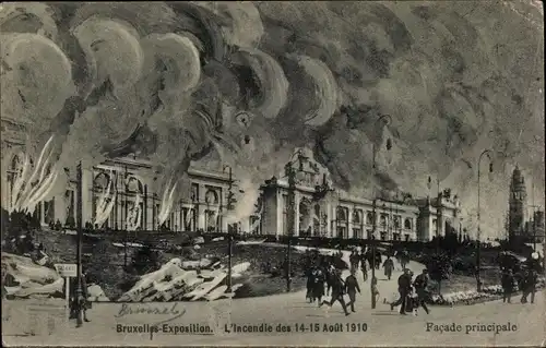Ak Bruxelles Brüssel, Exposition 1910, L'Incendie des 14-15 Aout 1910, Façade Principale