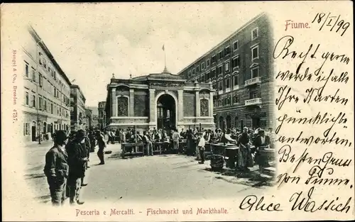 Ak Rijeka Fiume Kroatien, Fischmarkt und Markthalle