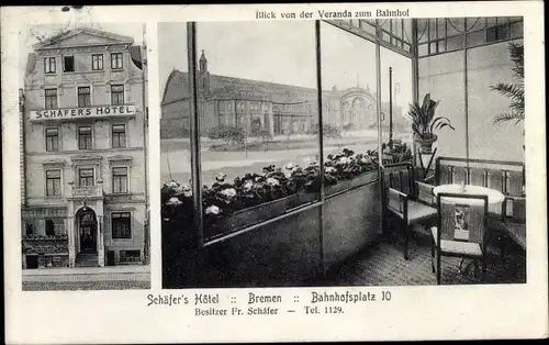 Ak Bremen Hansestadt, Schäfer's Hotel, Bahnhofsplatz 10, Blick von der Veranda zum Bahnhof