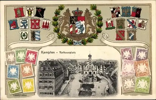 Präge Wappen Briefmarken Passepartout Ak Kempten im Allgäu Schwaben, Rathausplatz