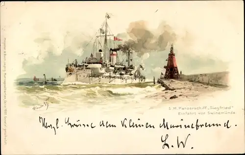 Künstler Litho Bohrdt, Hans, Swinemünde, Deutsches Kriegsschiff, SMS Siegfried, Panzerschiff