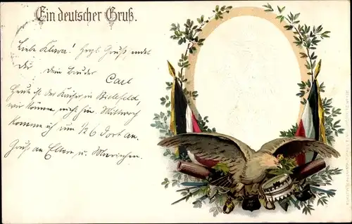 Präge Wappen Litho Ein deutscher Gruß, Adler, Fahnen