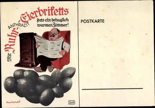 Ak Reklame, Ruhr Eierbriketts, Kohle, Anthrazit, Mann liest Zeitung