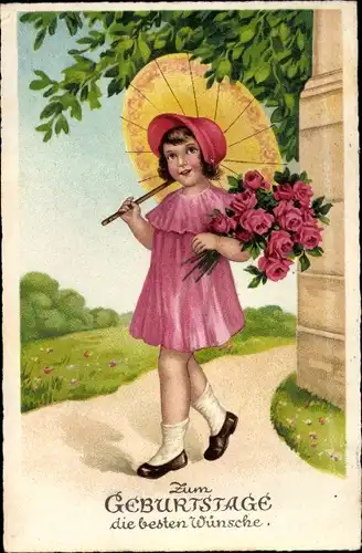 Ak Glückwunsch Geburtstag, Mädchen mit Blumenstrauß, Rosen, Sonnenschirm
