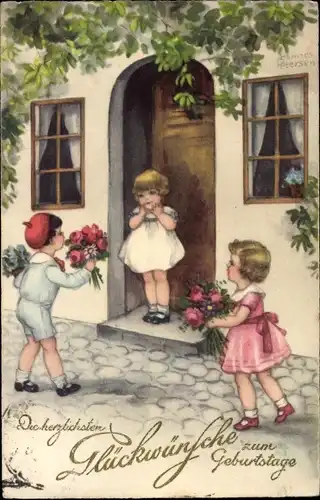 Ak Glückwunsch Geburtstag, Gratulanten, Blumen, Geburtstagskind