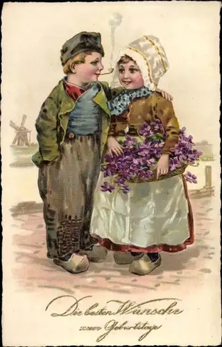 Ak Glückwunsch Geburtstag, Kinder in niederländischen Trachten, Pfeife, Blumen