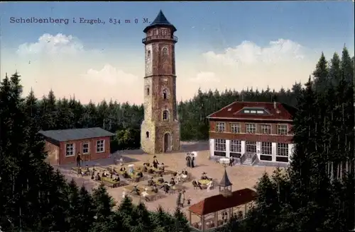 Ak Scheibenberg Erzgebirge, Gasthof mit Turm, Terrasse