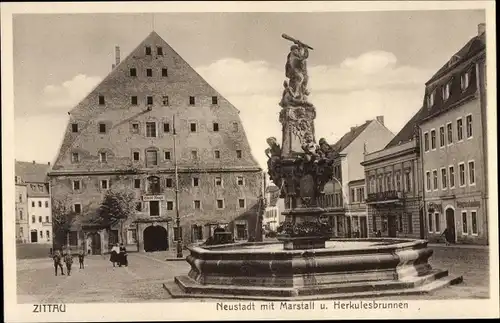 Ak Zittau in der Oberlausitz, Neustadt mit Marstall und Herkulesbrunnen
