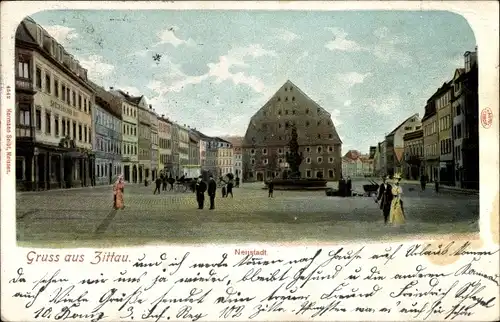 Ak Zittau in Sachsen, Neustadt, Passanten, Brunnen