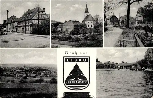 Ak Eibau Kottmar in der Oberlausitz, Teilansicht, Wappen, Freibad, Kirche