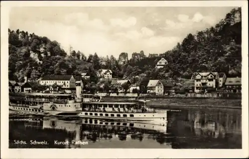 Ak Rathen an der Elbe Sächsische Schweiz, Dampfer, Ortsansicht