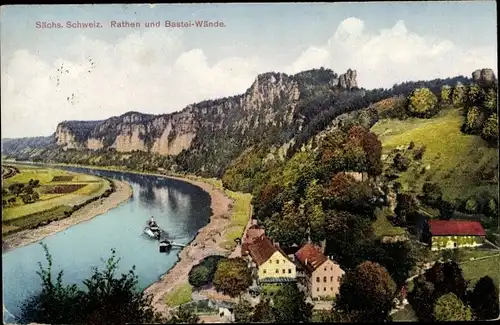 Ak Kurort Rathen im Elbsandsteingebirge, Blick auf den Ort, Basteiwände, Elbe