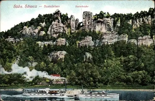 Ak Lohmen Sächsische Schweiz, Basteifelsen, Basteibrücke, Dampfer