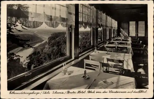 Ak Lohmen Sächsische Schweiz, Bastei Hotel, Blick von der Weinterrasse auf das Elbtal
