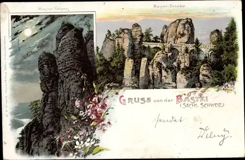 Litho Lohmen im Elbsandsteingebirge, Basteifelsen, Basteibrücke