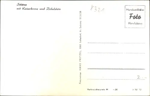 Ak Schöna Sächsische Schweiz, Gesamtansicht, Kaiserkrone und Zirkelstein