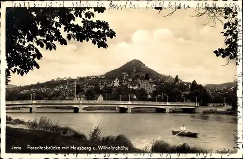 Ak Jena in Thüringen, Paradiesbrücke mit Hausberg u. Wilhelmshöhe, Boot