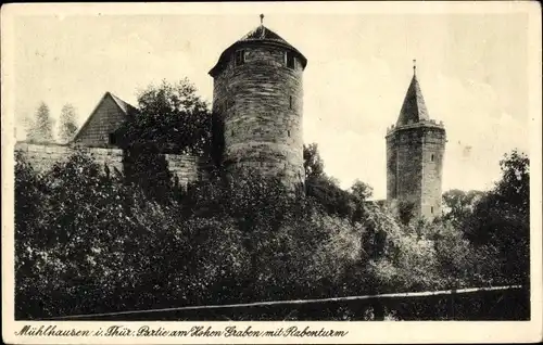 Ak Mühlhausen in Thüringen, Partie am Hohen Graben mit Rabenturm