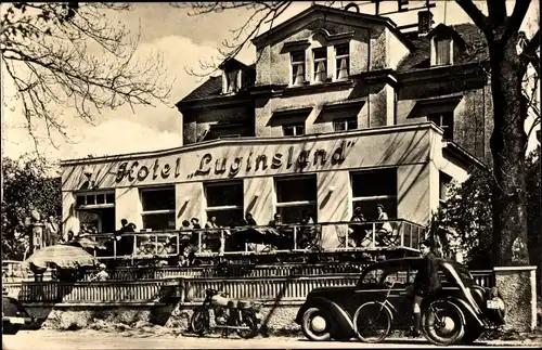 Ak Heinrichsruh Schleiz im Vogtland Thüringen, Hotel Luginsland, Auto, Motorrad