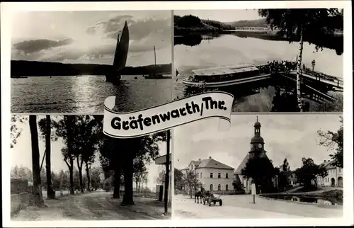 Ak Gräfenwarth Schleiz im Vogtland Thüringen, Segelboot, Straßenpartie, Kirche