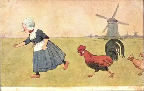 Ak Mädchen in Tracht läuft vor Hahn davon, Windmühle, BKWI 648 7