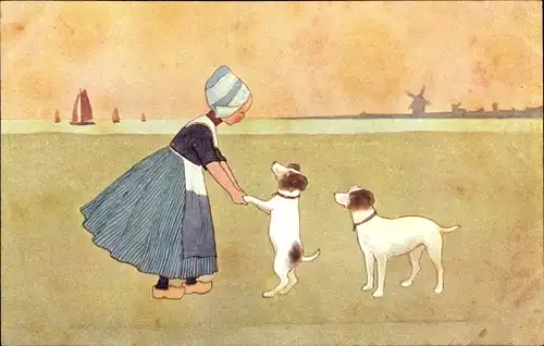 Ak Mädchen in niederländischer Tracht, Spiel mit Hunden