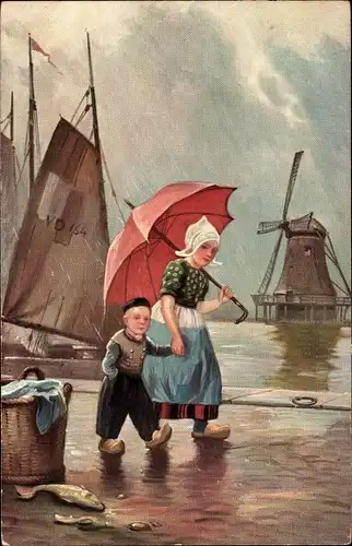 Ak Geschwister in niederländischen Trachten, Regenschirm, Windmühle